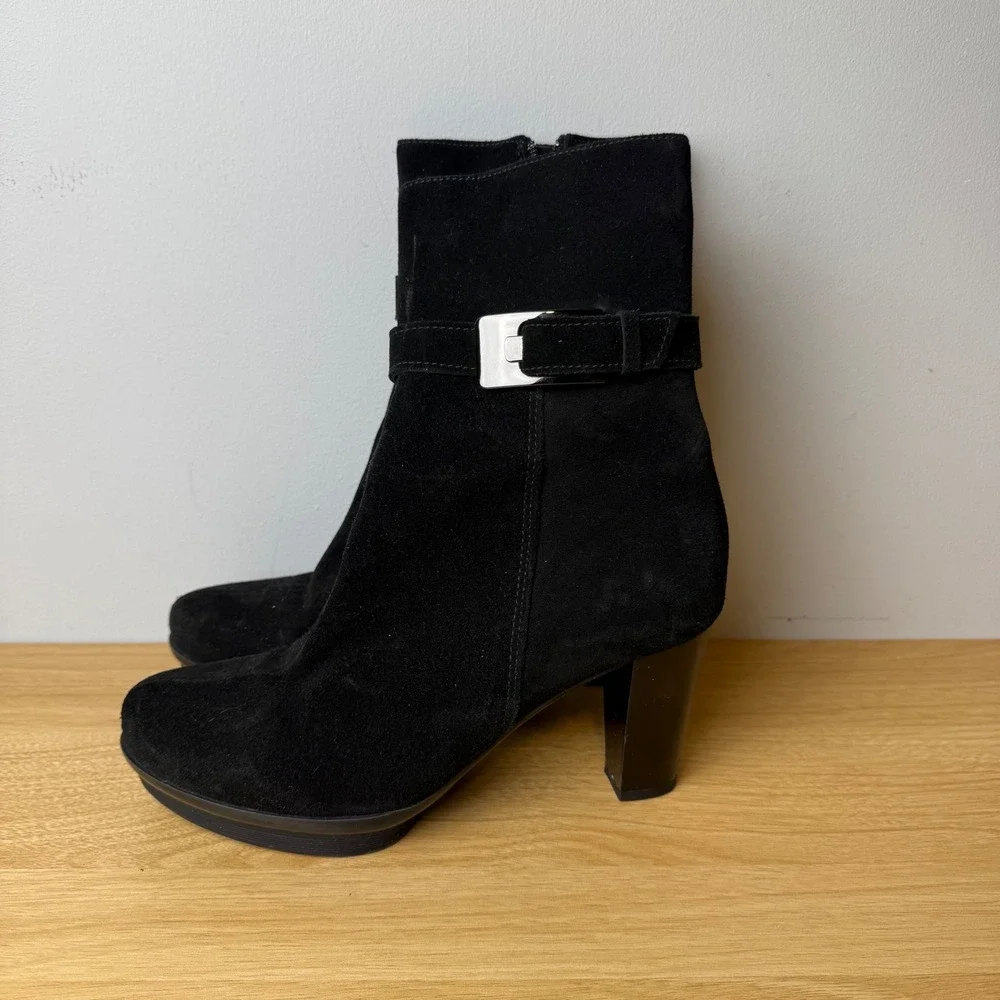 La Canadienne Suede Ankle Boots Women 8.5 Black Platform Buckle Quiet Luxury